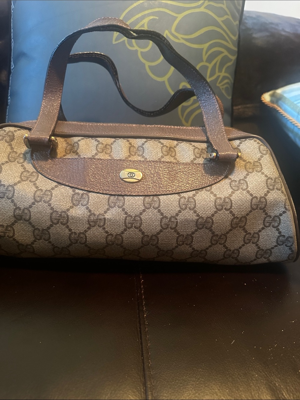 Gucci Vintage GG Boston Barrel Shoulder GG Bag with gold hardware